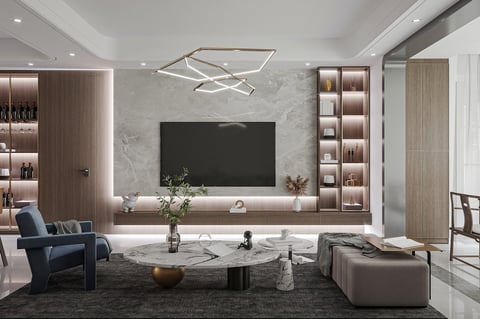 Modern living room with built-in wall unit cabinets and shelving