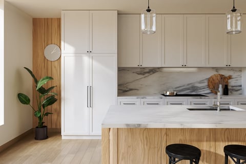 Modern white kitchen with cabinets and marble island