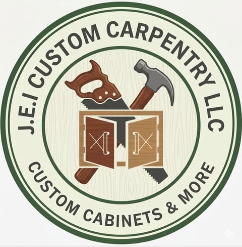 J.E. Custom Carpentry LLC logo featuring carpentry tools and custom cabinetry design in circular green badge