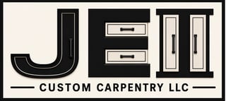 JEI Custom Carpentry LLC logo featuring stylized letters with cabinetry elements representing doors and drawers