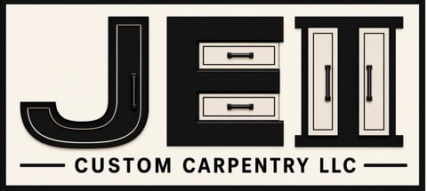 JEI Custom Carpentry LLC logo featuring stylized letters with cabinetry elements representing doors and drawers